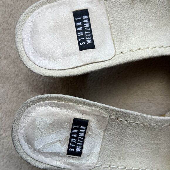 Stuart Weitzman Neutral Bone Leather Mule Heeled Sandals Women 6.5 AA Toe Ring - Picture 13 of 16